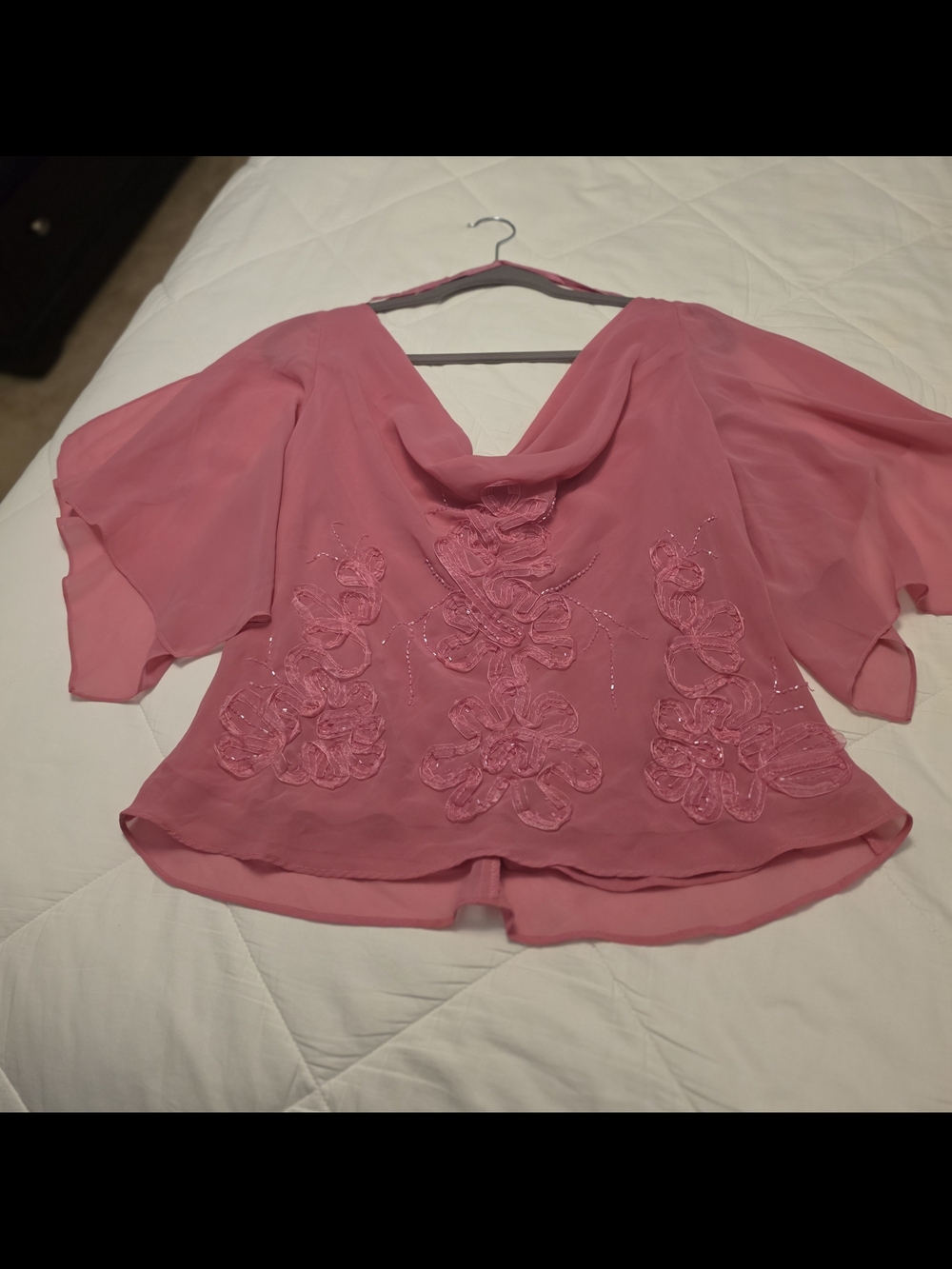 KM Collection Pink Beaded Draped Neck Chiffon Blouse Sz 16